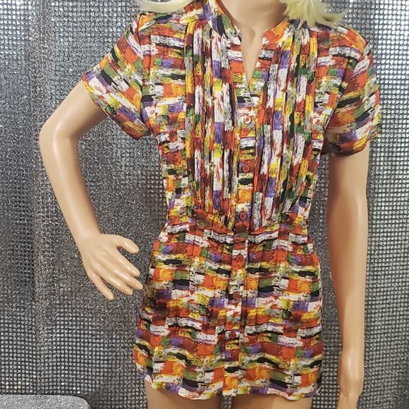 Bright Multicolored V Neck Blouse Artsy - Picture 1 of 3